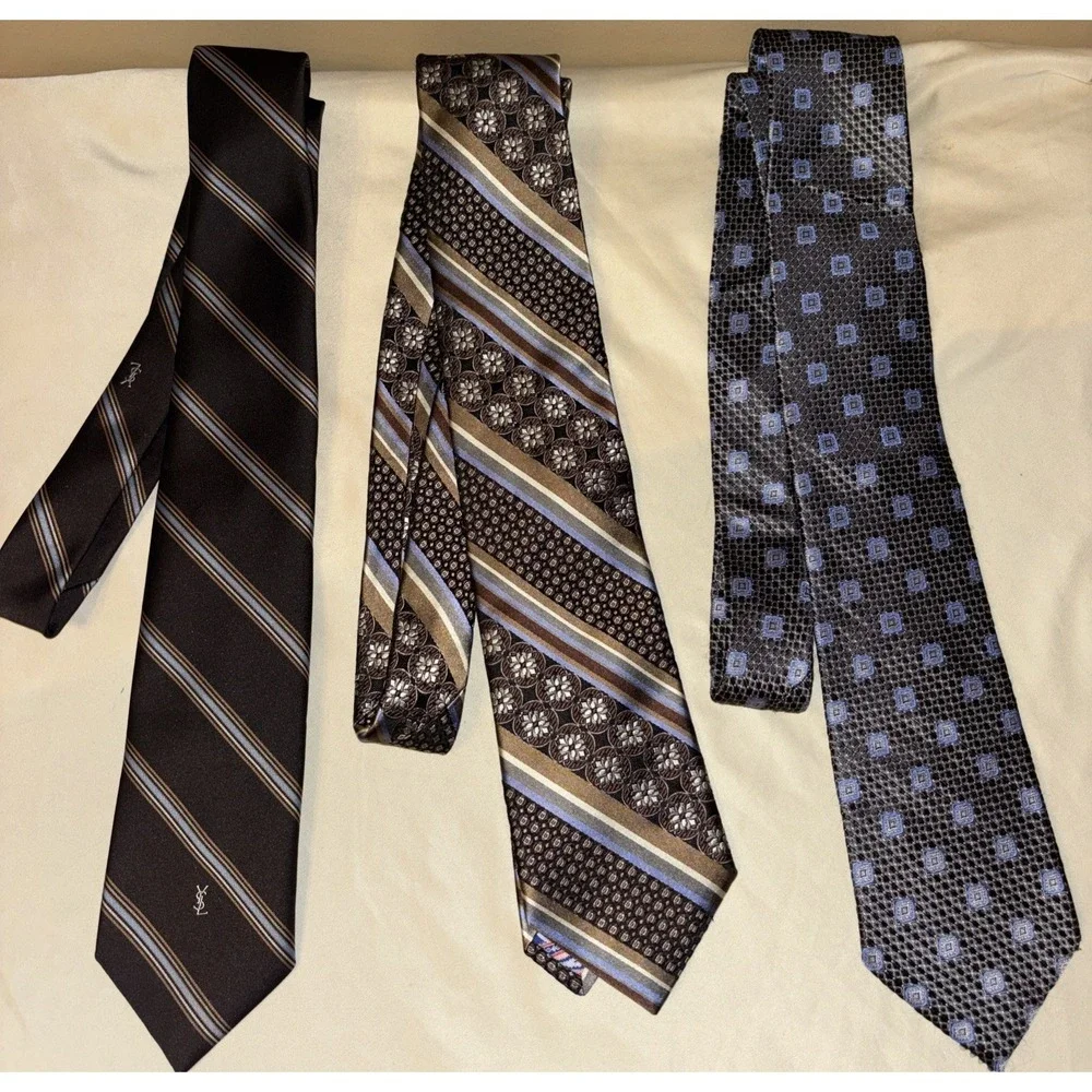 Lot 3 YSL Ted Baker Bruno Piattelli  Ties Neckties Gray Blue Brown Silk Designer